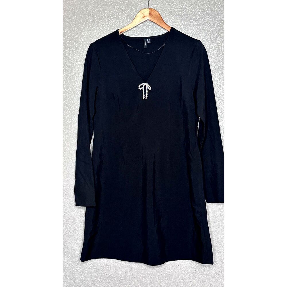 VERO MODA LONG SLEEVE BLACK DRESS PEARL BOW DETAIL LARGE